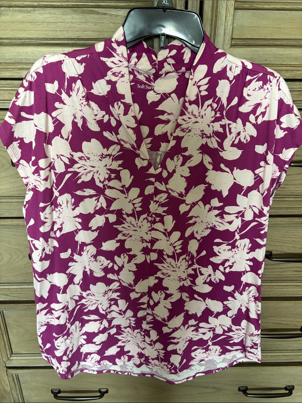 Soft Surroundings Magenta Floral V-Neck Short Sleeve Top